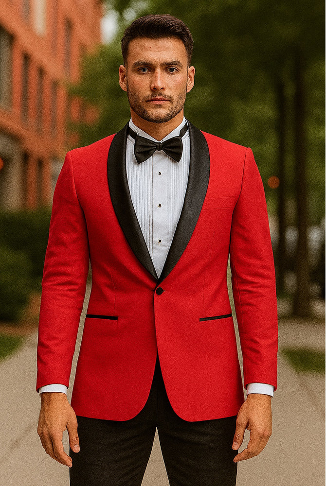 "Tazio Men's Elegant Red & Black Shawl Lapel One-Button Dinner Jacket"