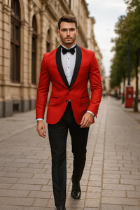 "Tazio Men's Elegant Red & Black Shawl Lapel One-Button Dinner Jacket"