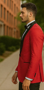 "Tazio Men's Elegant Red & Black Shawl Lapel One-Button Dinner Jacket"