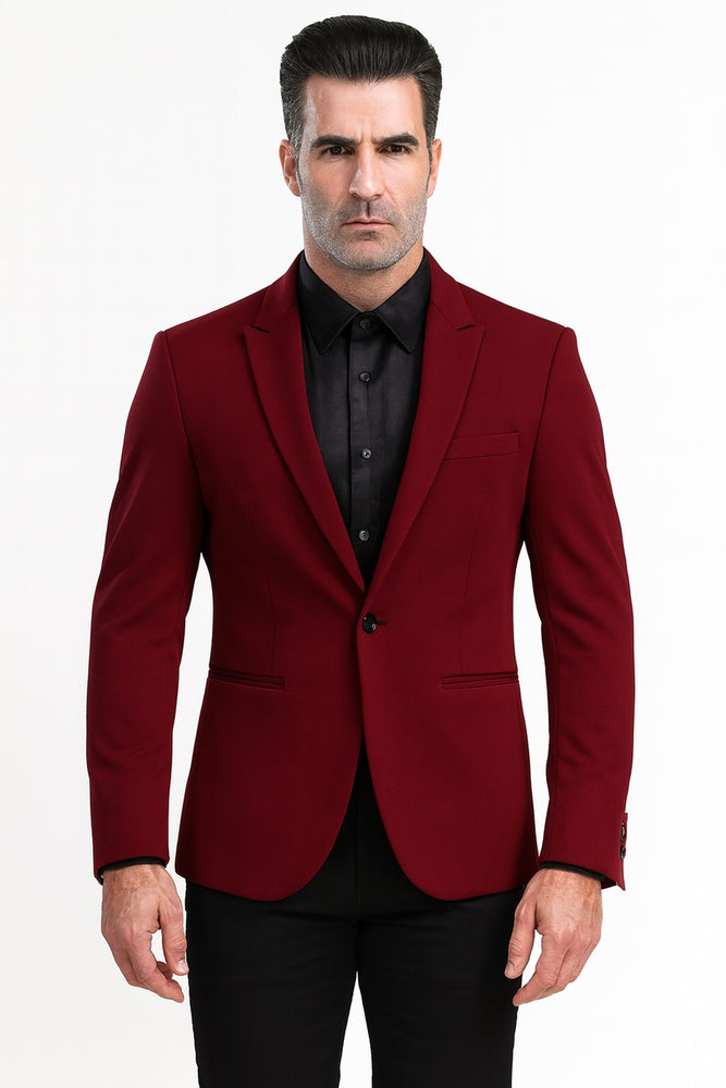 "Tazio Men's Peak Lapel One-Button Blazer - Burgundy Skinny Fit"