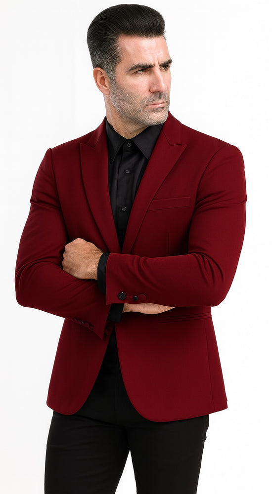 "Tazio Men's Peak Lapel One-Button Blazer - Burgundy Skinny Fit"
