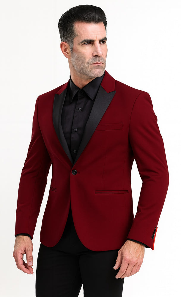 "Tazio Men's Peak Lapel One-Button Blazer - Burgundy Skinny Fit"