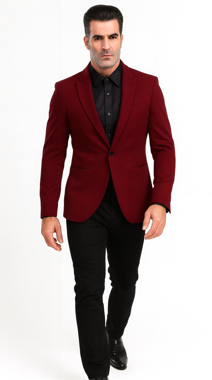 "Tazio Men's Peak Lapel One-Button Blazer - Burgundy Skinny Fit"
