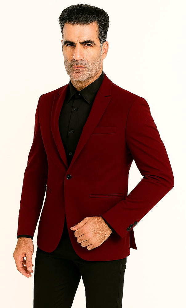"Tazio Men's Peak Lapel One-Button Blazer - Burgundy Skinny Fit"