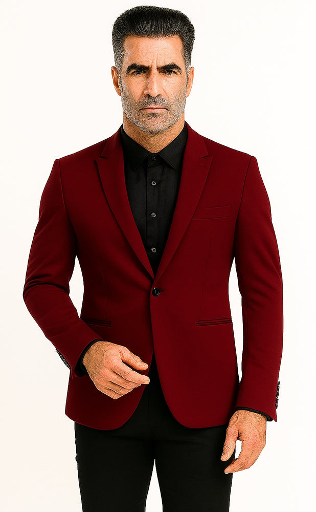 "Tazio Men's Peak Lapel One-Button Blazer - Burgundy Skinny Fit"