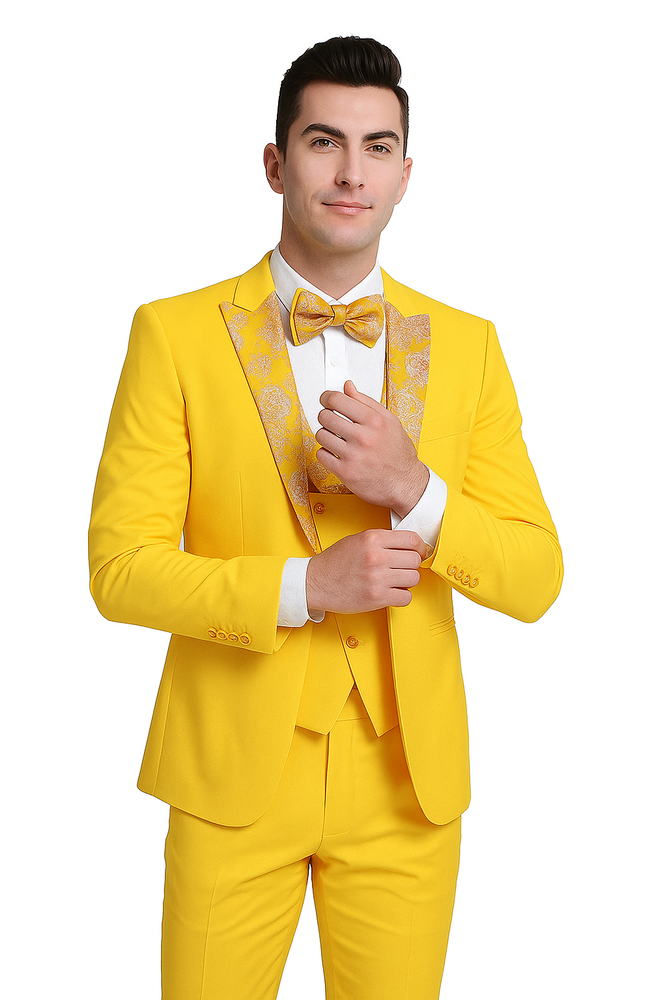 Radiant Golden Bloom Mens 3-Piece Suit with Floral Peak Lapel