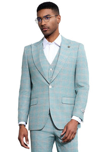Men's Stacy Adams Vested Peak Lapel Light Turquoise Green Plaid Prom & Wedding Suit