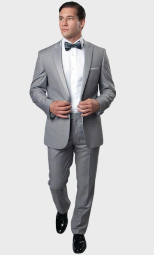 Big and Tall Tuxedo - Center Vent Light Grey One Button Satin Peak Lapel Tuxedo