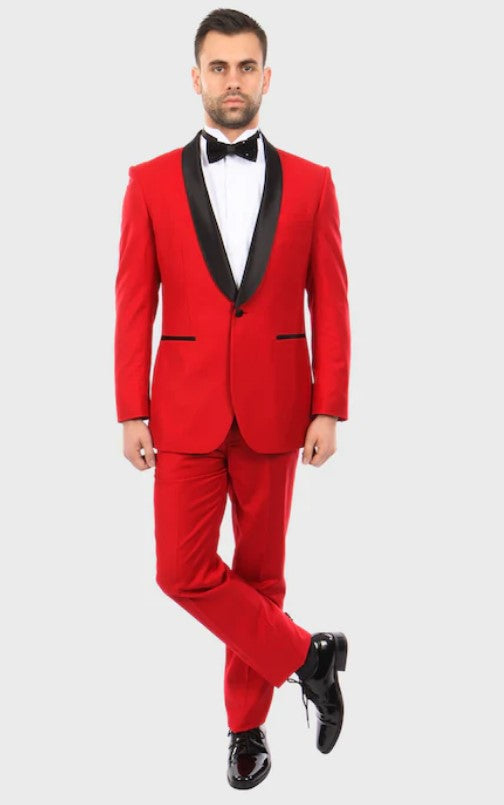 Big and Tall Tuxedo - Red 1 Button Shawl Lapel Full Lined Flat Front Pant Slim Fit Tuxedo