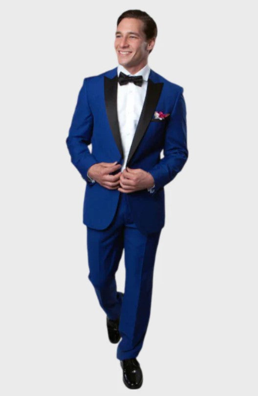 Big and Tall Tuxedo - Side Vent Blue 1 Button Slim Fit Peak Lapel Tuxedo