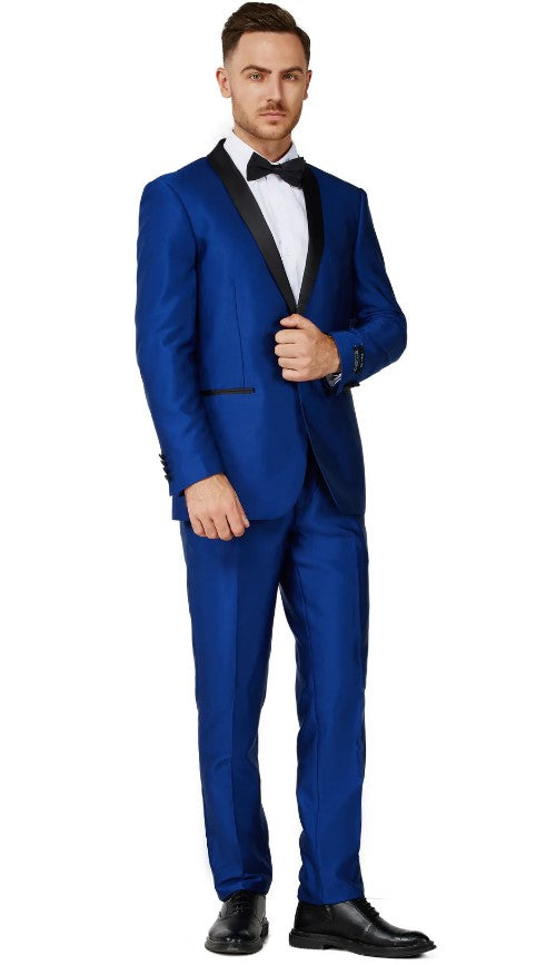 Mens Shiny Blue Shawl Lapel Single Breased Tuxedo Slim Fit