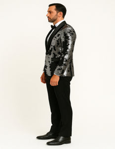 Men's Black and Silver Gray Sequin Tuxedo Blazer With Black Pants
