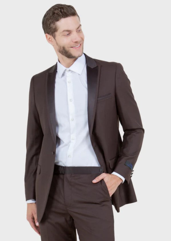 Big and Tall Tuxedo - Brown 1 Button Flat Front Pant Peak Lapel Tuxedo