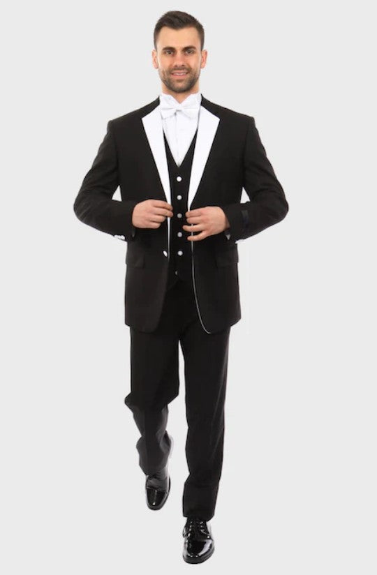 Big and Tall Tuxedo - Two Button Closure Black with White Lapel 3 Piece Vested Slim Fit Tuxedo