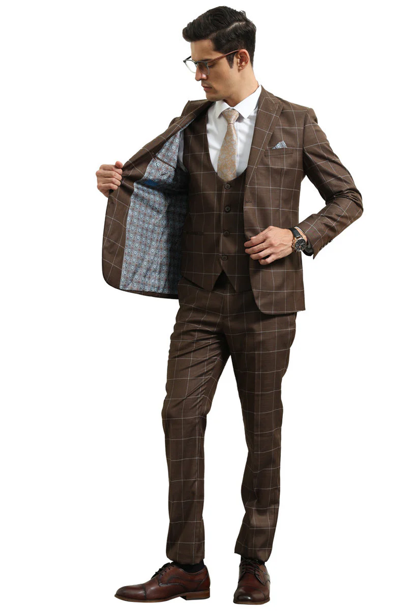 Mens Slim Fit One Button Peak Lapel Suit Brown by USA Men's Outlet main image 1