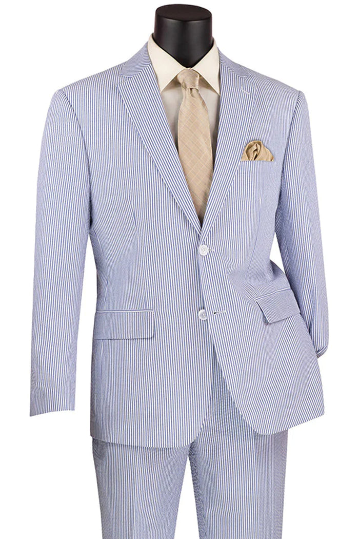 "Modern Fit Men's Seersucker Suit 2PC - Navy Blue Pinstripe Summer"
