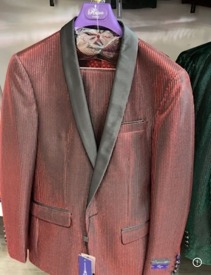 Men's Burgundy Shiny Tuxedo with Black Satin Shawl Lapel – Ultra Slim Fit Party & Prom Suit