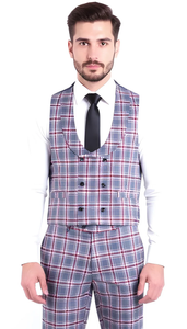 Stylish Grey and Red Checkered Suit for Men – Slim Fit 3 Piece Formal Outfit