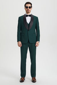 Men's Stacy Adams Vested One Button Shawl Lapel Designer Tuxedo in Hunter Green