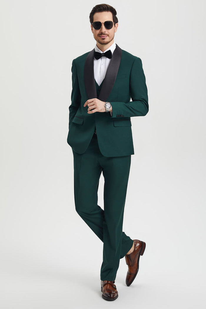 Men's Stacy Adams Vested One Button Shawl Lapel Designer Tuxedo in Hunter Green