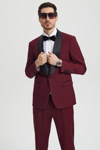 Men's Stacy Adams Vested One Button Shawl Lapel Designer Tuxedo in Burgundy
