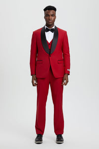 Men's Stacy Adams Vested One Button Shawl Lapel Designer Tuxedo in Red