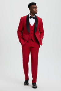 Men's Stacy Adams Vested One Button Shawl Lapel Designer Tuxedo in Red