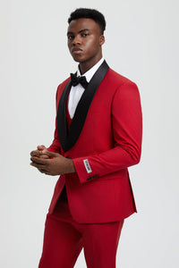 Men's Stacy Adams Vested One Button Shawl Lapel Designer Tuxedo in Red