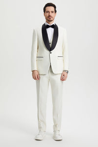 Men's Stacy Adams Vested One Button Shawl Lapel Designer Tuxedo in Ivory