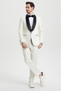 Men's Stacy Adams Vested One Button Shawl Lapel Designer Tuxedo in Ivory