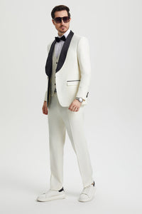 Men's Stacy Adams Vested One Button Shawl Lapel Designer Tuxedo in Ivory