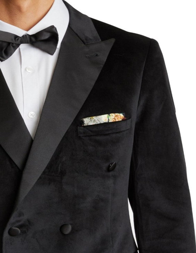 Double Breasted Tuxedo - Velvet Dinner Jacket with Pants in Color Black