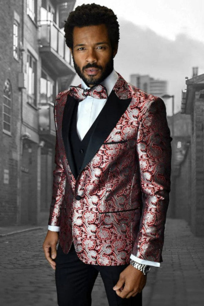 Mens Vested One Button Satin Paisley Prom and Wedding Tuxedo in Red