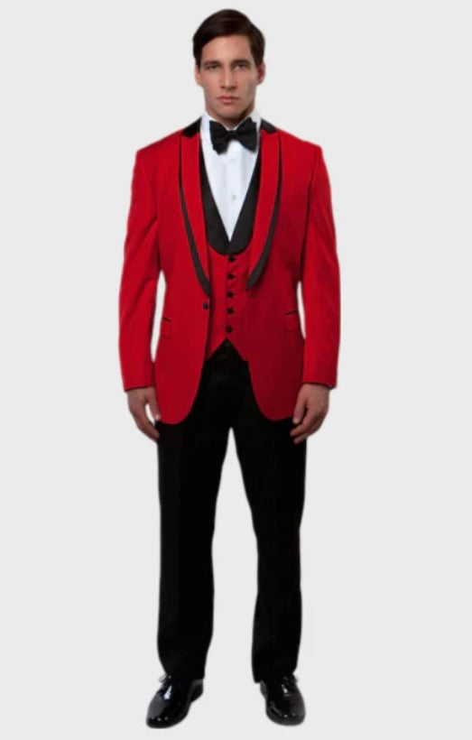 Big and Tall Tuxedo - 1 Button Closure Red 3 Piece Vested Shawl Lapel Tuxedo