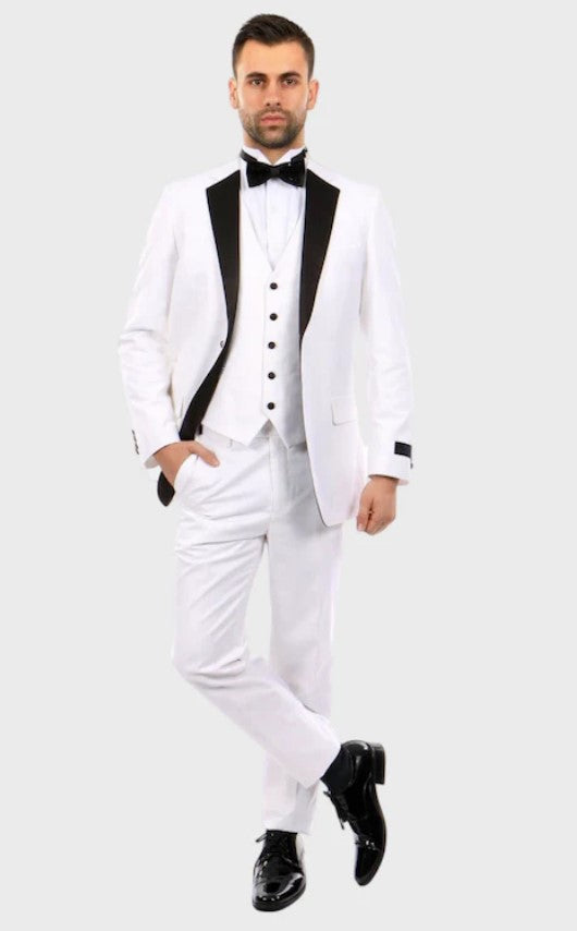 Big and Tall Tuxedo - Slim Fit Jacket Pant White with Black Lapel 3 Piece Vested Slim Fit Tuxedo