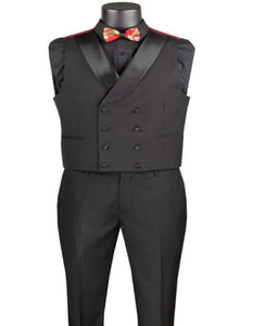 Mens Modern Fit Vested Shawl Tuxedo in Black with Red Satin Trim