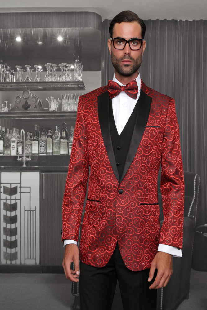 Mens Vested Swirl Patter Notch Lapel Tuxedo in Red