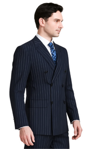 "Vinci Men's Double-Breasted Navy Gangster Bold Pinstripe Suit"