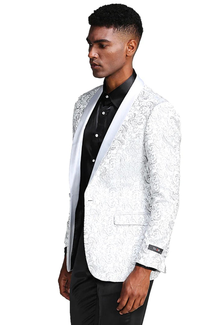 White Prom Tuxedo Suit - White Wedding Suit - Men's Slim Fit Wedding & Prom Tonal Paisley Tuxedo Jacket