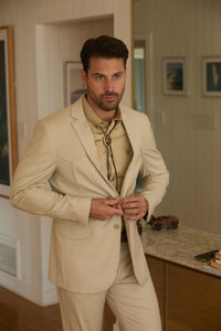 Men’s Beige Western Sport Coat Suit with Suede Elbow Patches