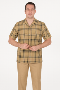 Men’s Short Sleeve Beige Plaid Shirt – Classic & Versatile