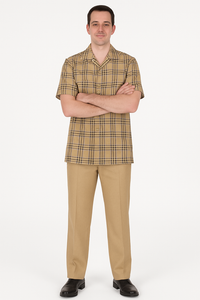 Men’s Short Sleeve Beige Plaid Shirt – Classic & Versatile