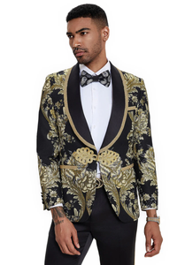 Mens One Button Shawl Lapel Wedding Prom Tuxedo in Shiny Black Paisley