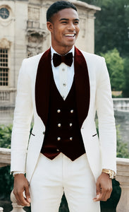Wedding Tuxedo - Groom Suit - White and Burgundy Prom Suit