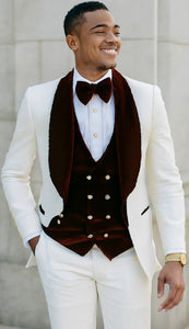 Wedding Tuxedo - Groom Suit - White and Burgundy Prom Suit