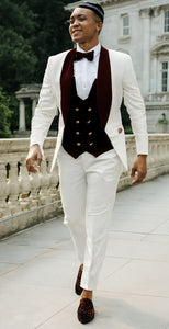 Wedding Tuxedo - Groom Suit - White and Burgundy Prom Suit