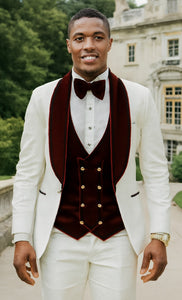 Wedding Tuxedo - Groom Suit - White and Burgundy Prom Suit