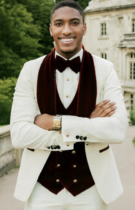 Wedding Tuxedo - Groom Suit - White and Burgundy Prom Suit