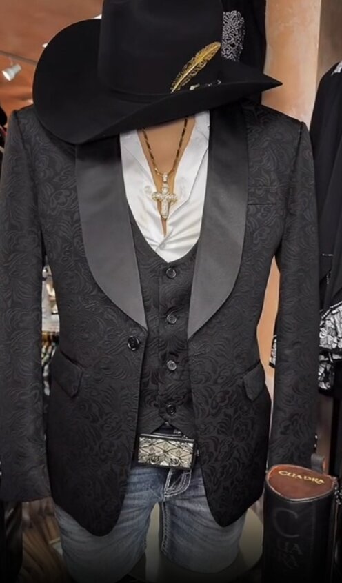 Men’s Black Paisley Jacquard Blazer, Satin Shawl Lapel Western Formal Designer Jacket