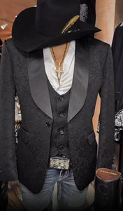 Mens Black Paisley Jacquard Blazer with Satin Shawl Lapel – Western Formal Designer Jacket